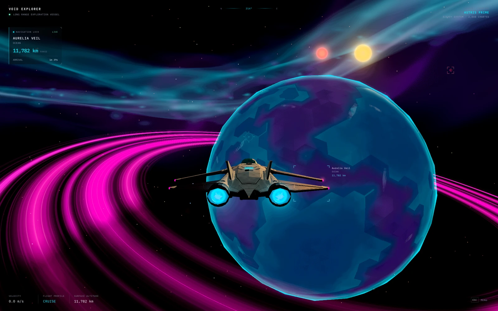 Astra 官方 Void Explorer 游戏案例:飞船在霓虹星环行星外进行轨道飞行